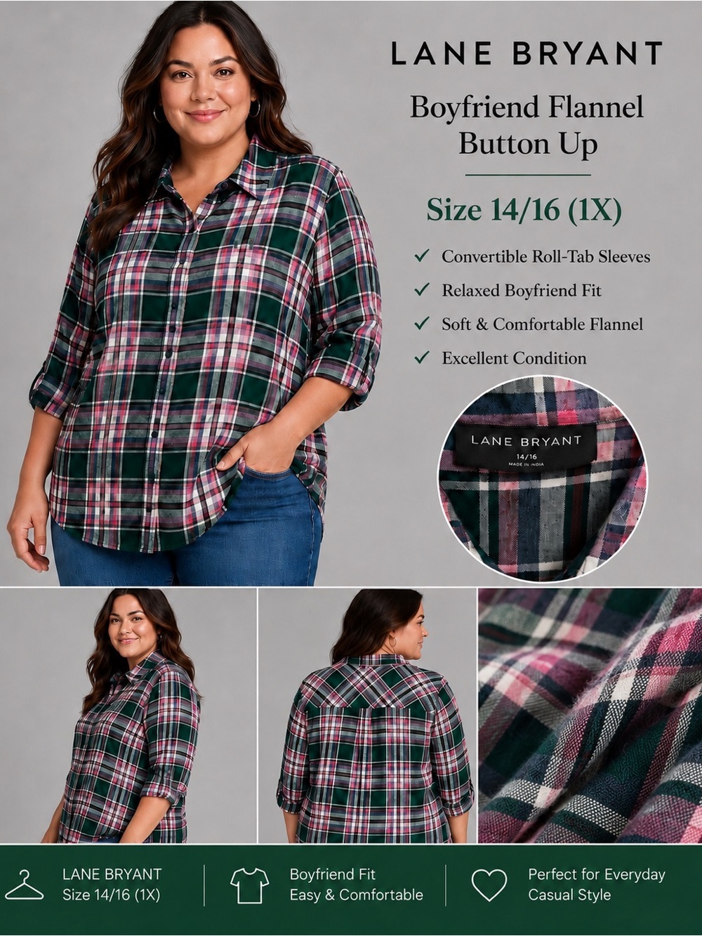 Lane Bryant Relaxed Long-Sleeve Button-Front Pink Plaid Boyfriend Shirt Sz 14 1X